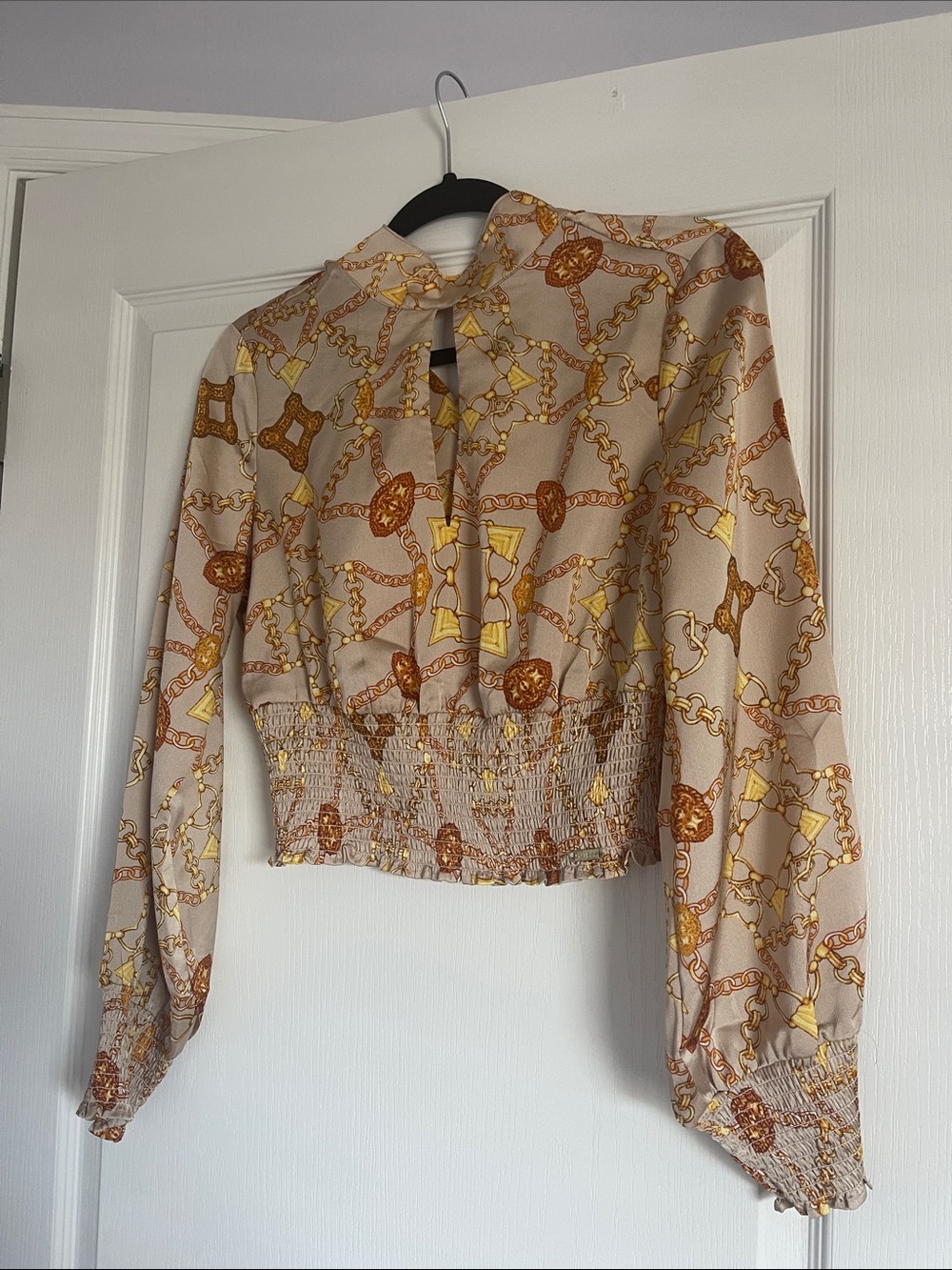 NWT Guess Beige and Gold Chain-Print Smocked Waist Blouse